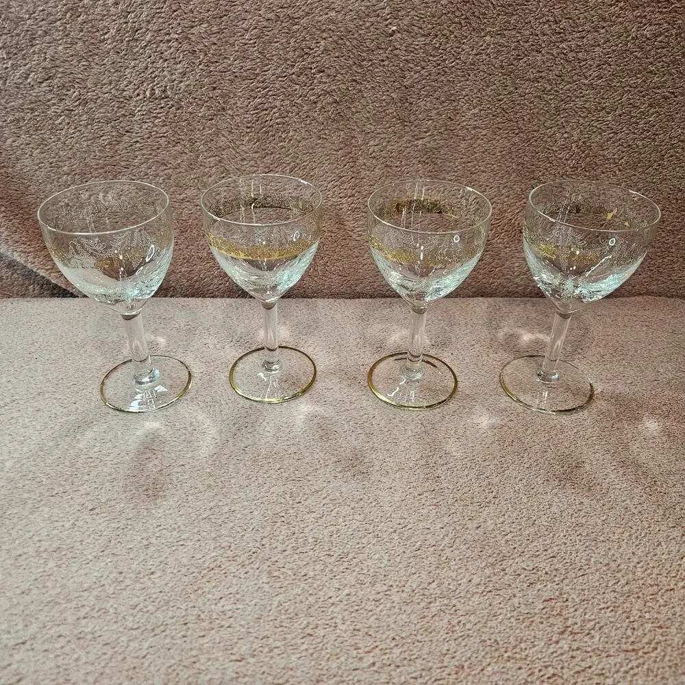 4 Vintage Bohemian Etched Crystal Cordial Glasses with Gold Trim & Floral Detail